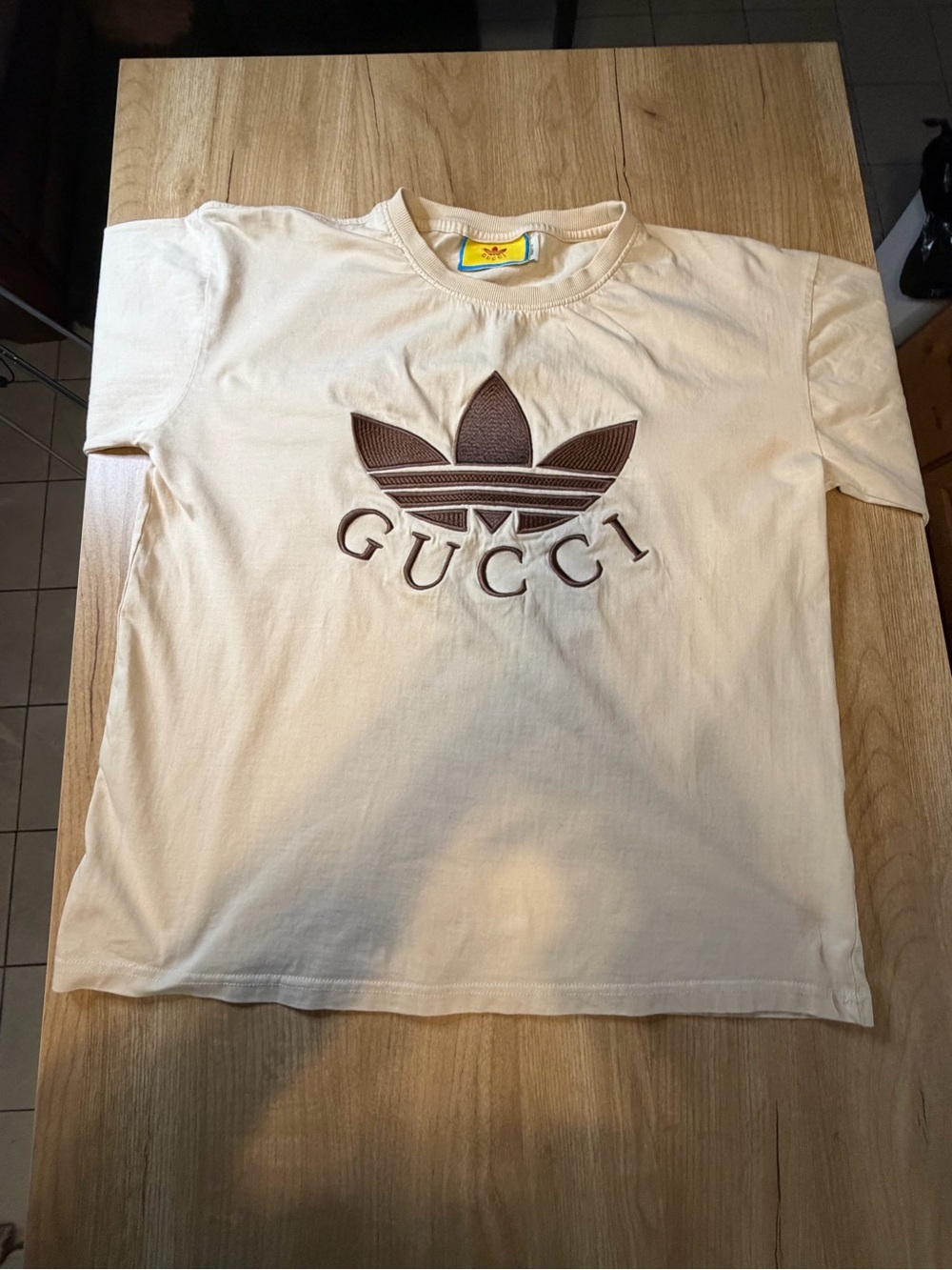 Gucci Cream Crewneck T-Shirt with Yellow & Blue Label and Red Logo
